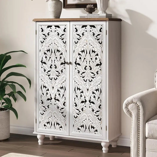 Wooden Carved Accent Storage Cabinet For Boho Living Room Decor
