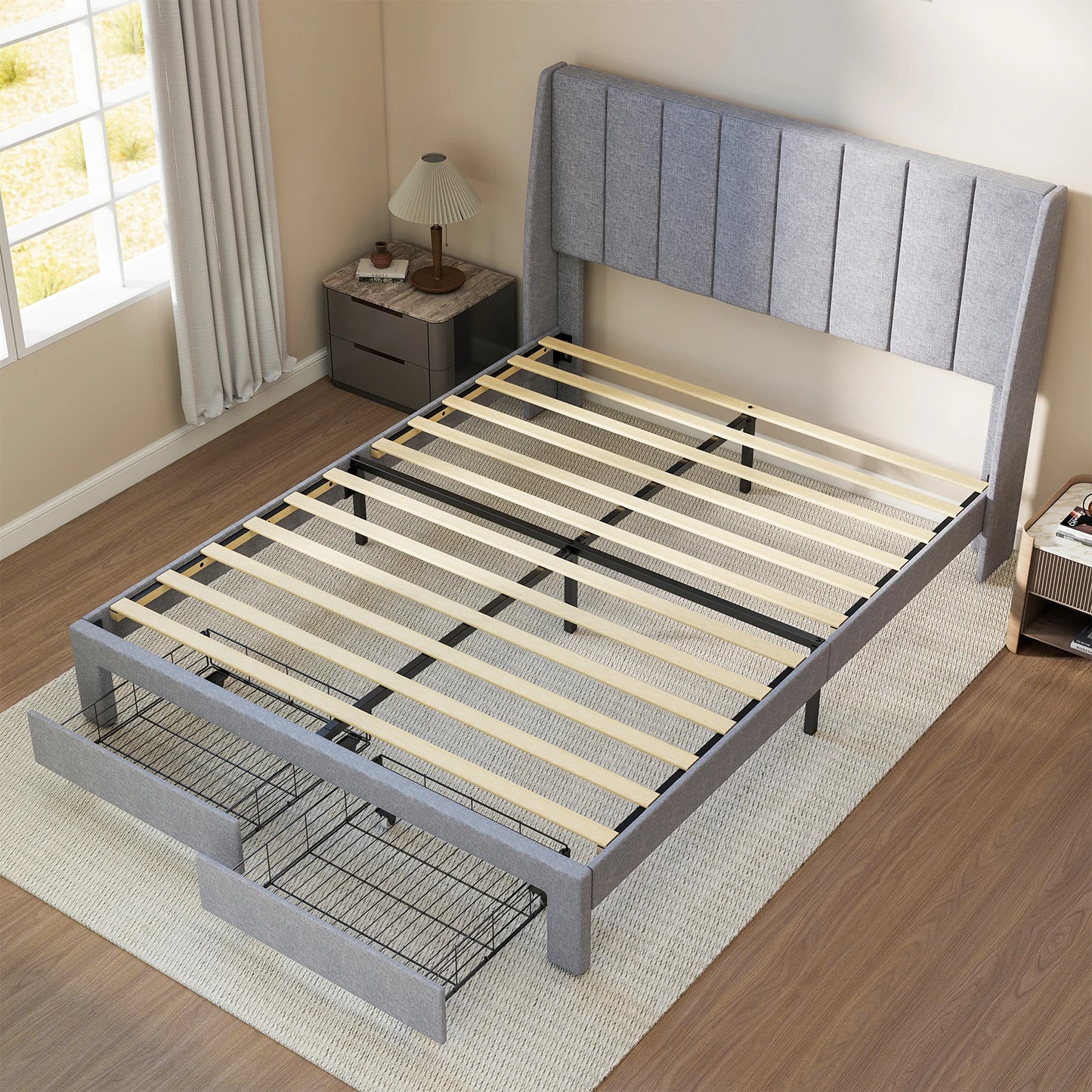 JHK Upholstered Platform Bed Frame With 2-Drawer Storage