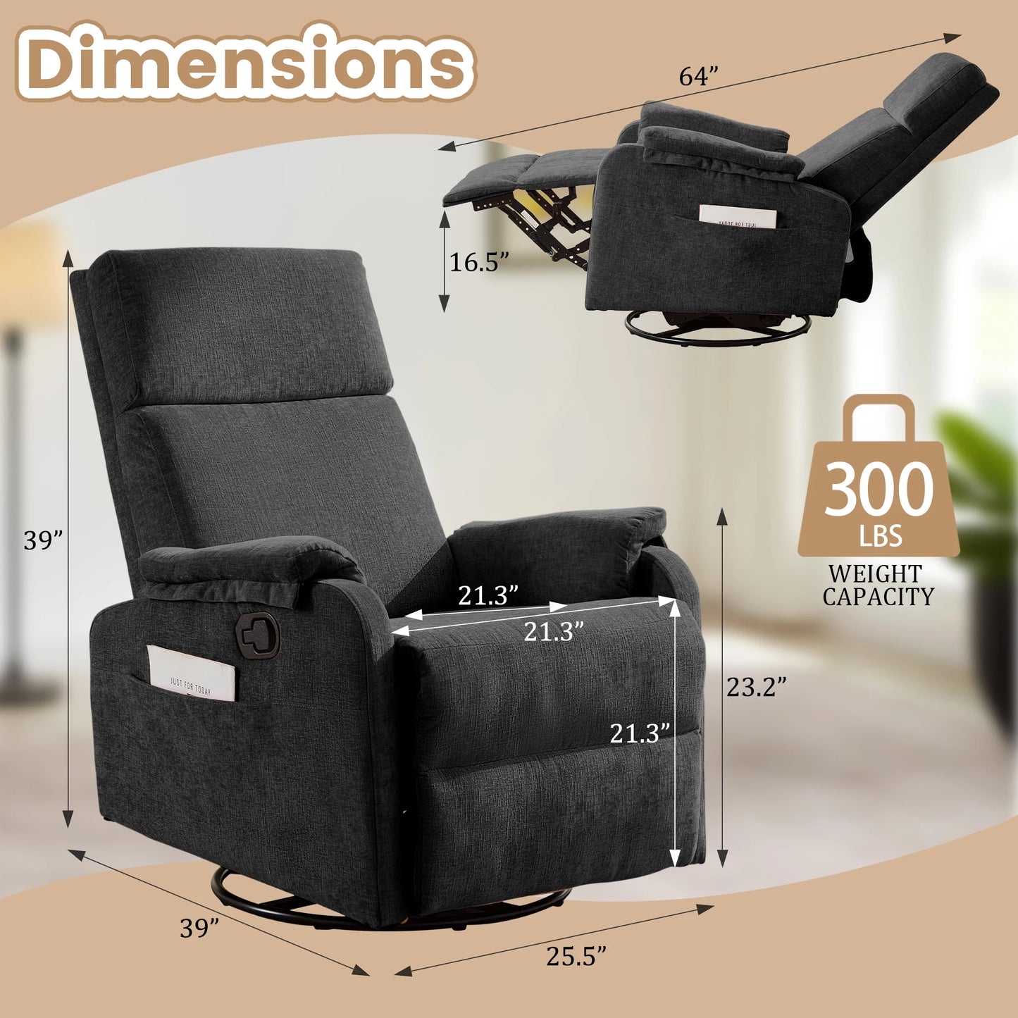 Korser Adult Ergonomic Manual Rocking Recliner Chair, Modern Minimal Fabric Adjustable Armchair with USB and Type-C Charging Ports