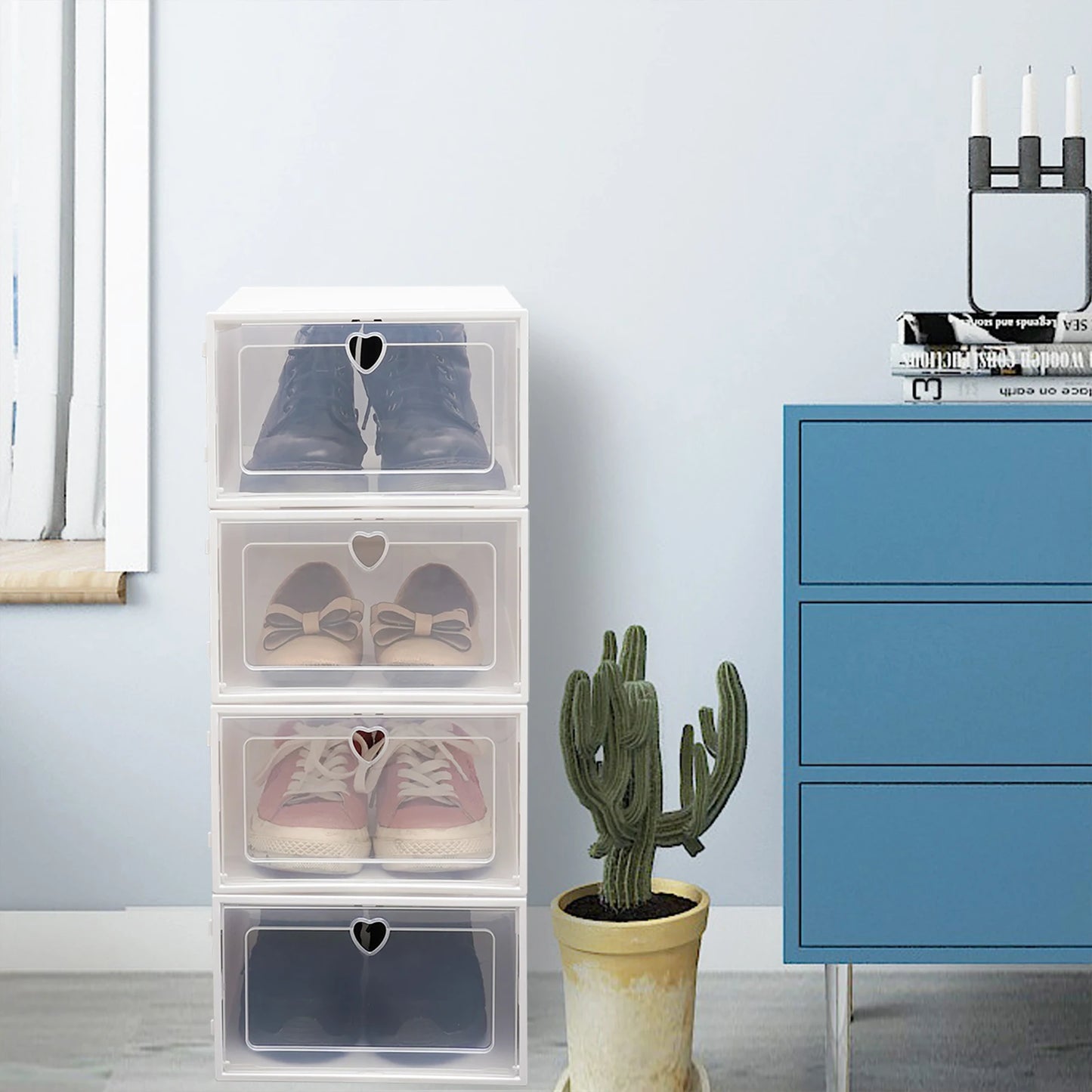 Pack of 20 Shoe Boxes Stackable Foldable Transparent Plastic Container Shoe Box with Lid White Shoe Organizer with Drawer