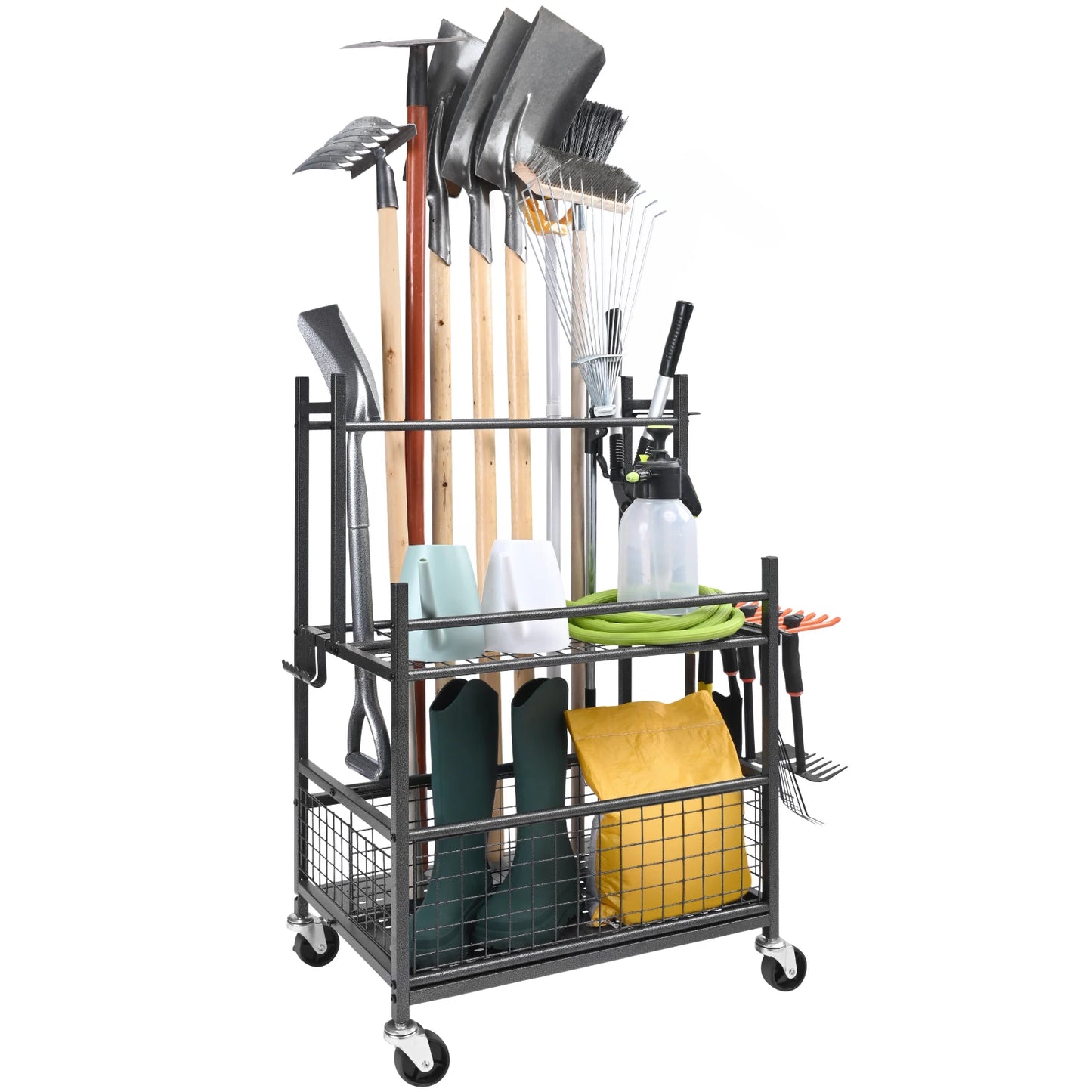 SucceBuy 16 Slots Garden Tool Organizer Yard Tool Tower Rack with Hooks Wheels Long-Handled Rake Stand Holder for Garage Storage