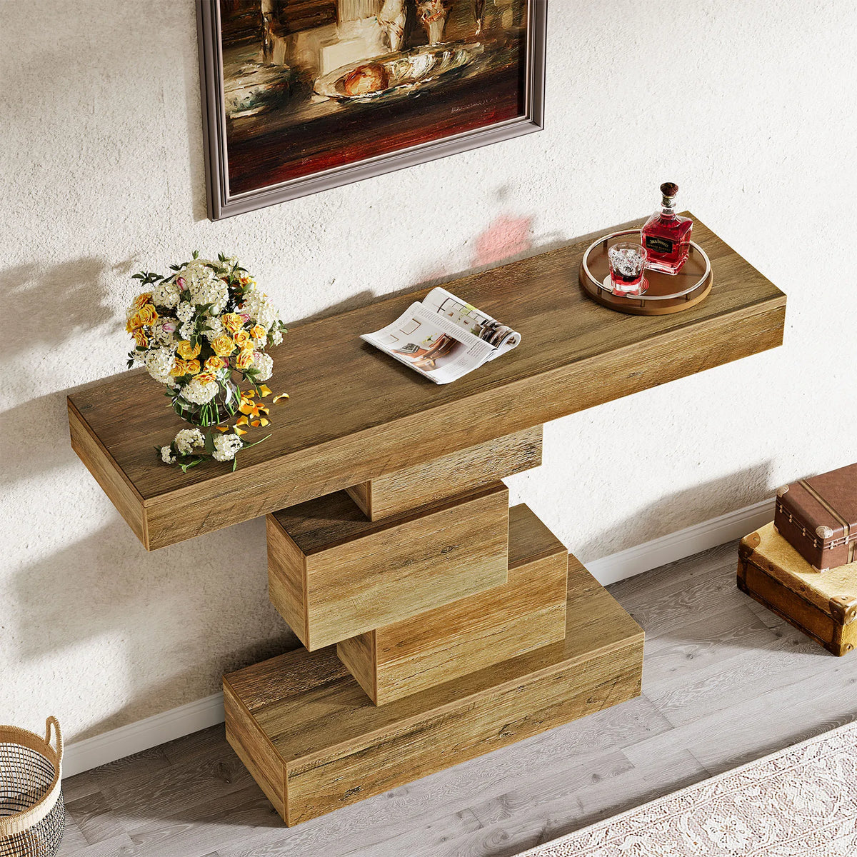 Tribesigns 42.5" Farmhouse Console Table, Narrow Wood Sofa Table Behind Couch with Geometric Base, Industrial Entryway Accent Ta