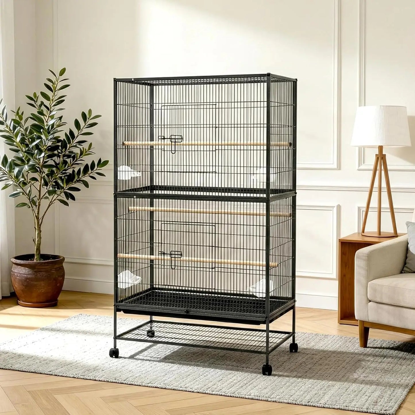 61" H Large Bird Cage with Rolling Storage Stands, Feed Bowls, Wide Tall Parakeet Cage for Parakeets, Parrot, Conures, Cockatiel