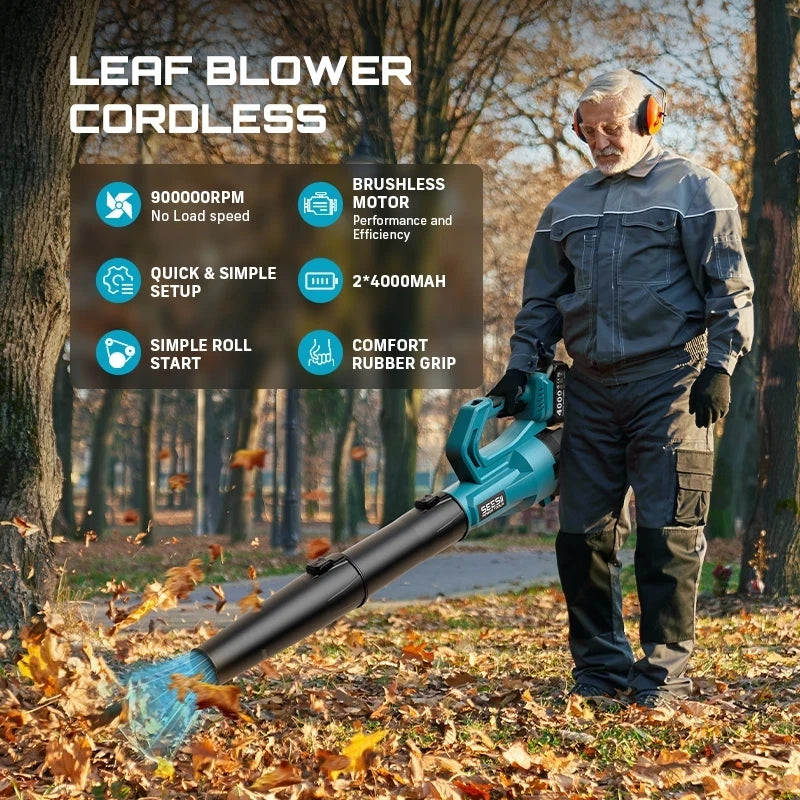Seesii 900000RPM Brushless Electric Turbo Blower 780CFM Cordless Leaf Blower for snow Lawn Care Debris For Makita 18v BatteryPin