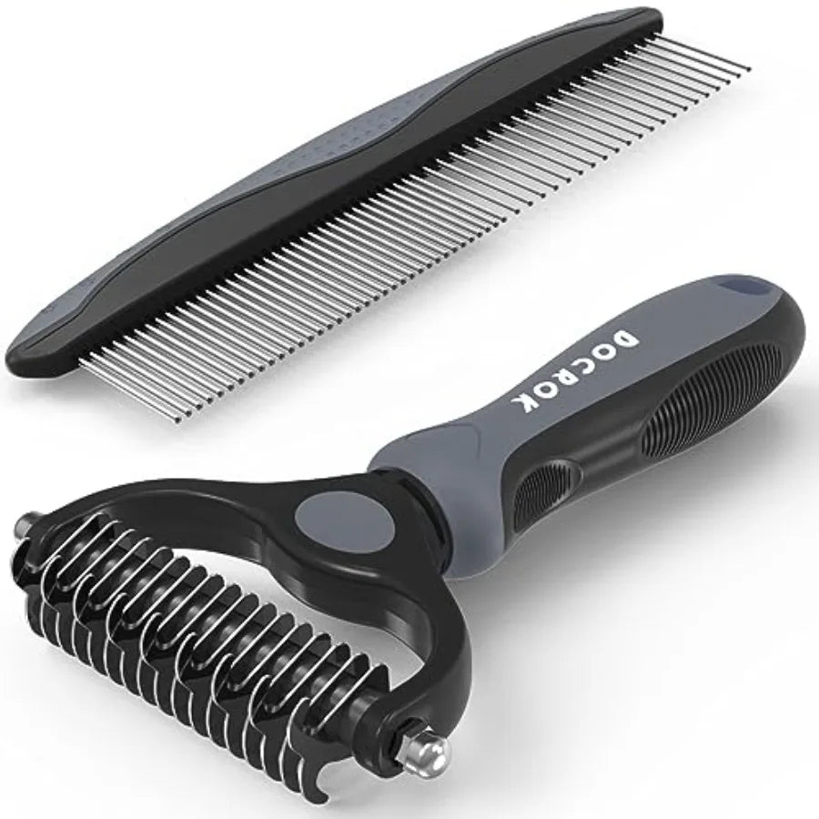 Pet Grooming Combo - Deshedding Brush with Metal Comb for Detangling and Dematting Long, Matted Fur on Cats and Dogs