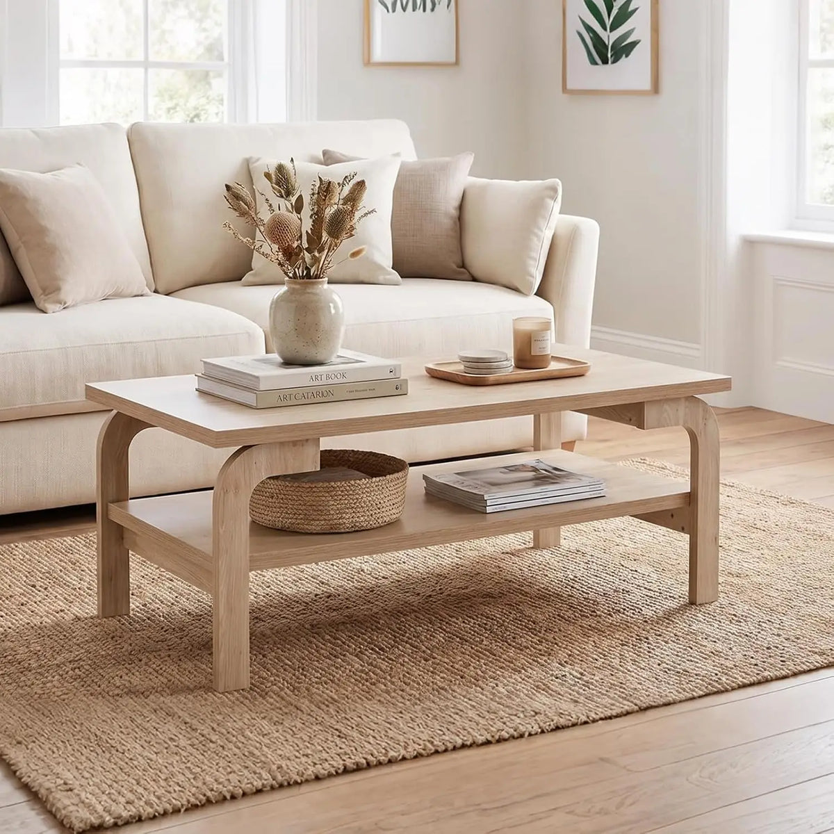 Rectangular Wooden Coffee Table 2-Tier Storage Shelf Mid-Century Vintage Living Room Apartment Natural, Customized