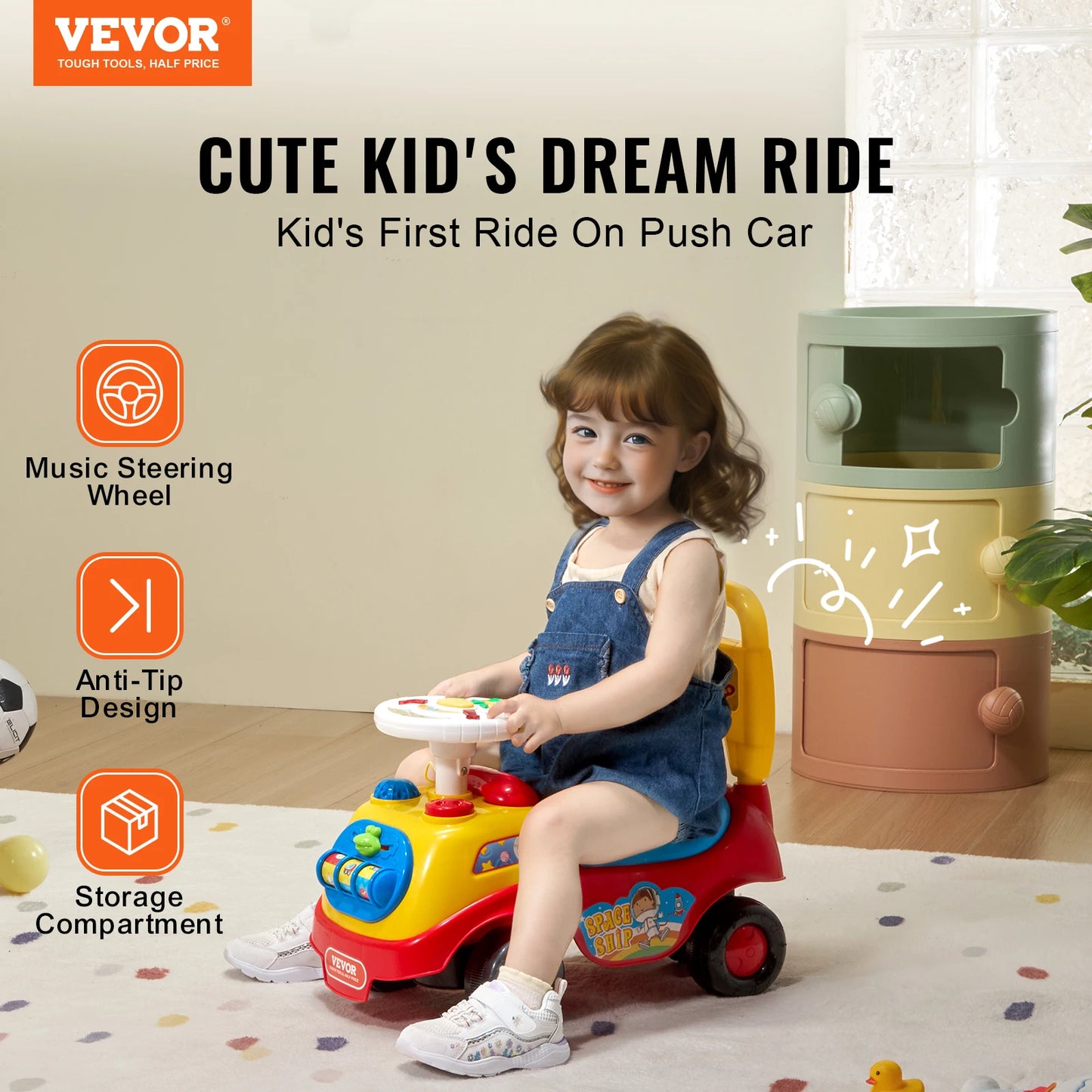 Toddler Push Ride On Car With Music Steering Wheel Storage