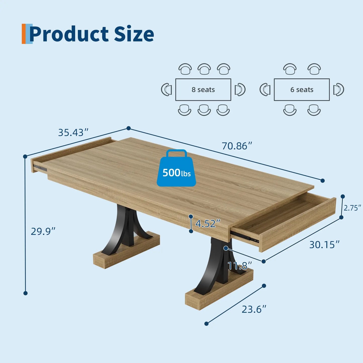 71 Inch Dining Table For 6-8 With 2 Drawers, Industrial Rectangular Wooden Kitchen Table, Double Pedestal Base For Home Office