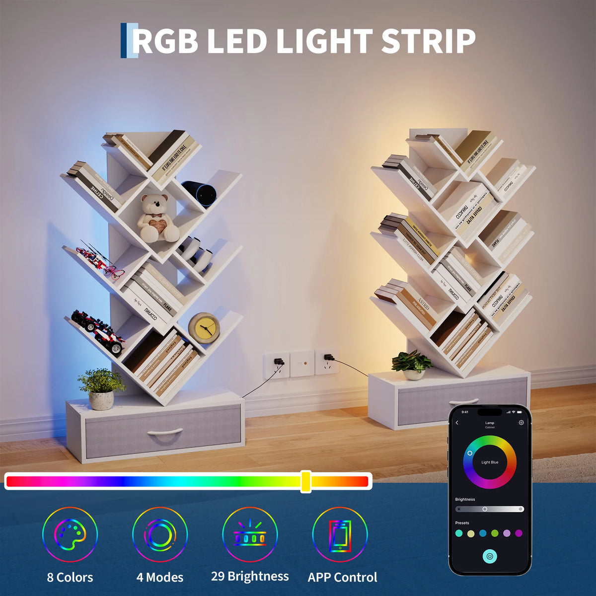 HiMISS Tree Bookshelf With LED Lights And Fabric Drawer Storage