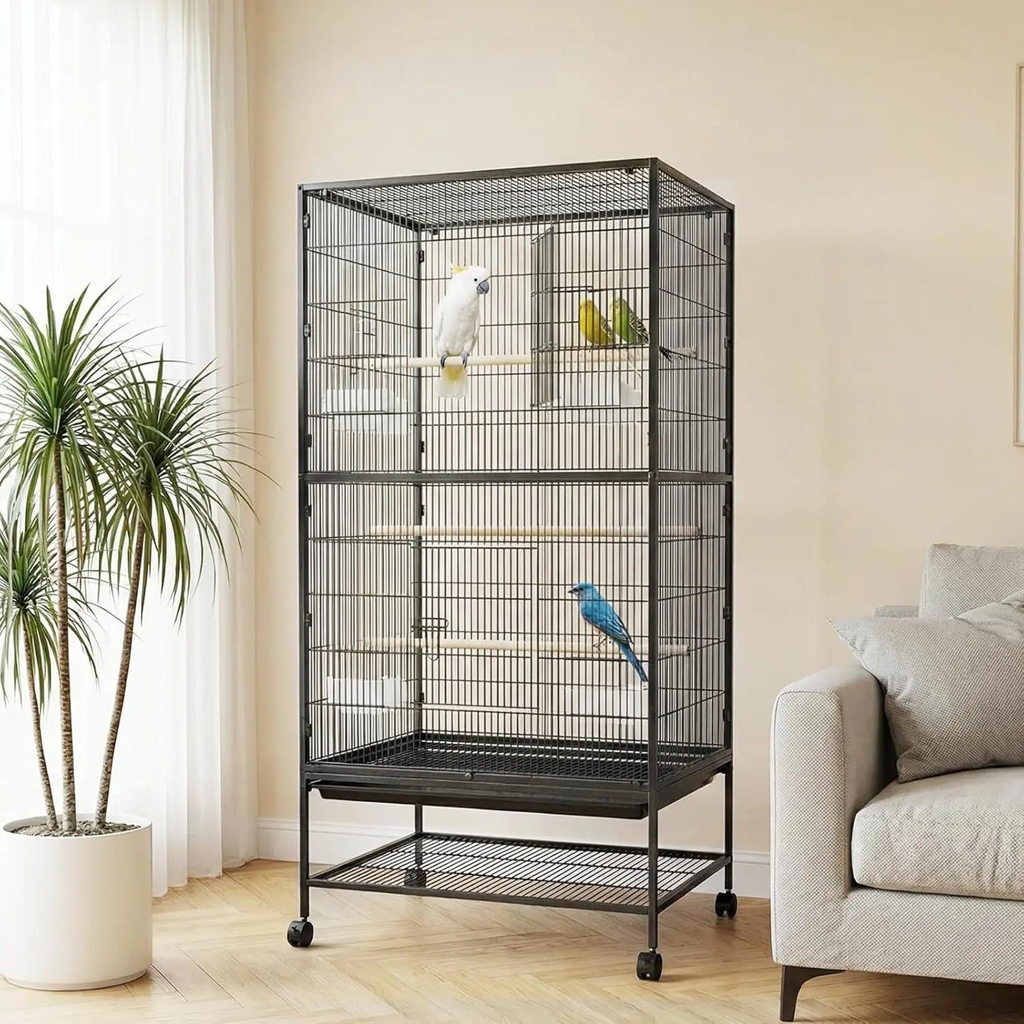 61" H Large Bird Cage with Rolling Storage Stands, Feed Bowls, Wide Tall Parakeet Cage for Parakeets, Parrot, Conures, Cockatiel