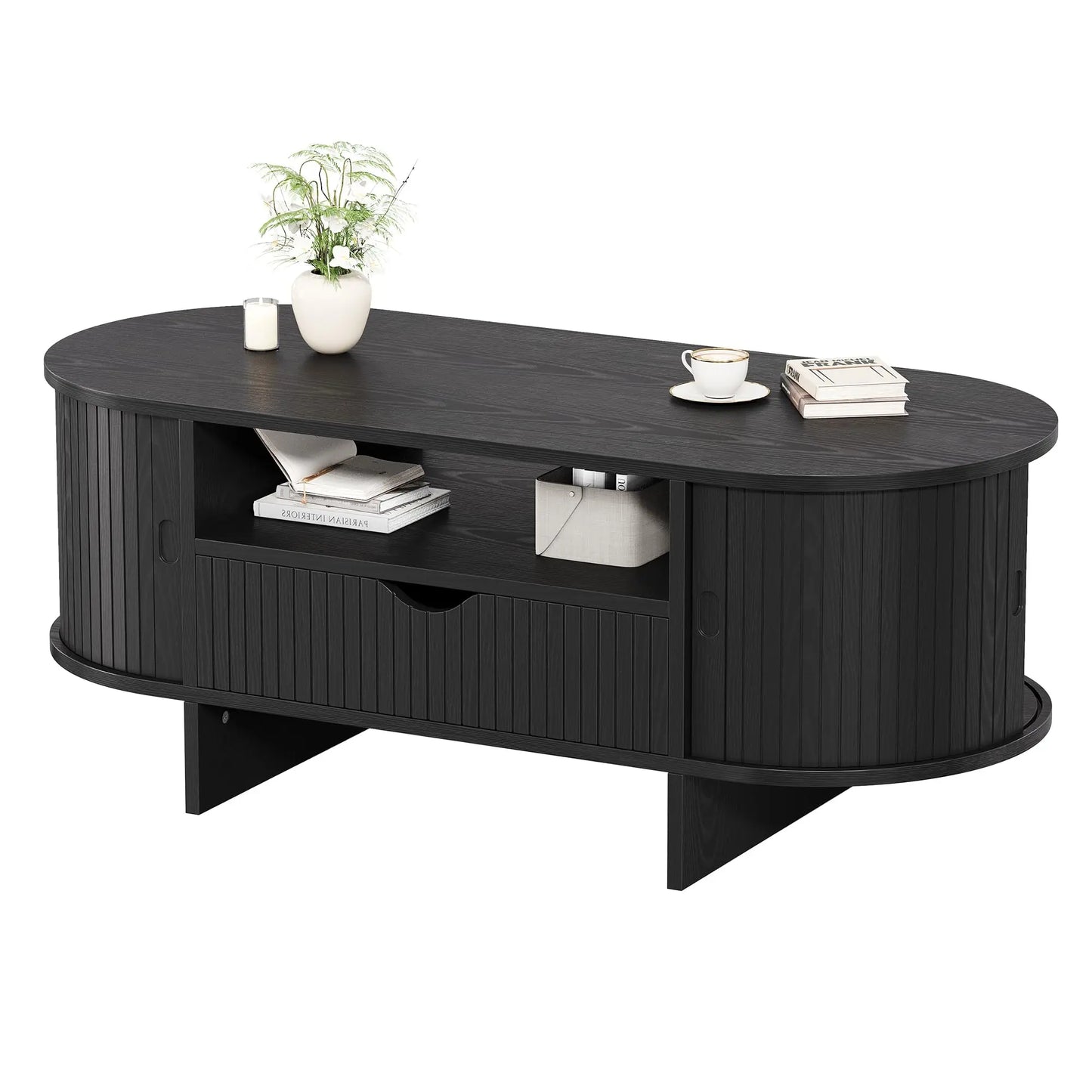 47.2in Oval Coffee Table With Storage, Modern Fluted Wood Center Table With Drawer & Sliding Door Cabinets For Living Room, Small Space