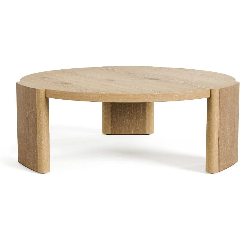 Carys 42” Round Coffee Table, Solid Rubberwood & Oak Veneer, Modern Wood Living Room Table with Plinth Base, Oak Finish