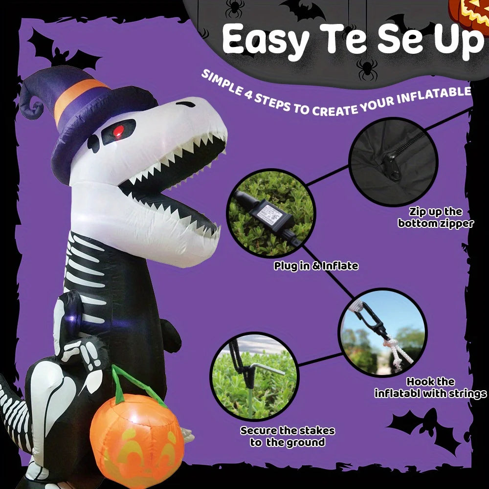 Joyfy Halloween Inflatable Skeleton Dinosaur With Pumpkin Yard Decor
