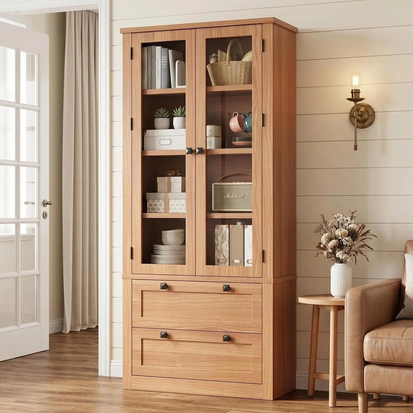71" Tall Kitchen Pantry Cabinet - Modern Display Storage Cabinet with 2 Large Drawers, Glass Doors, and Adjustable, Customized