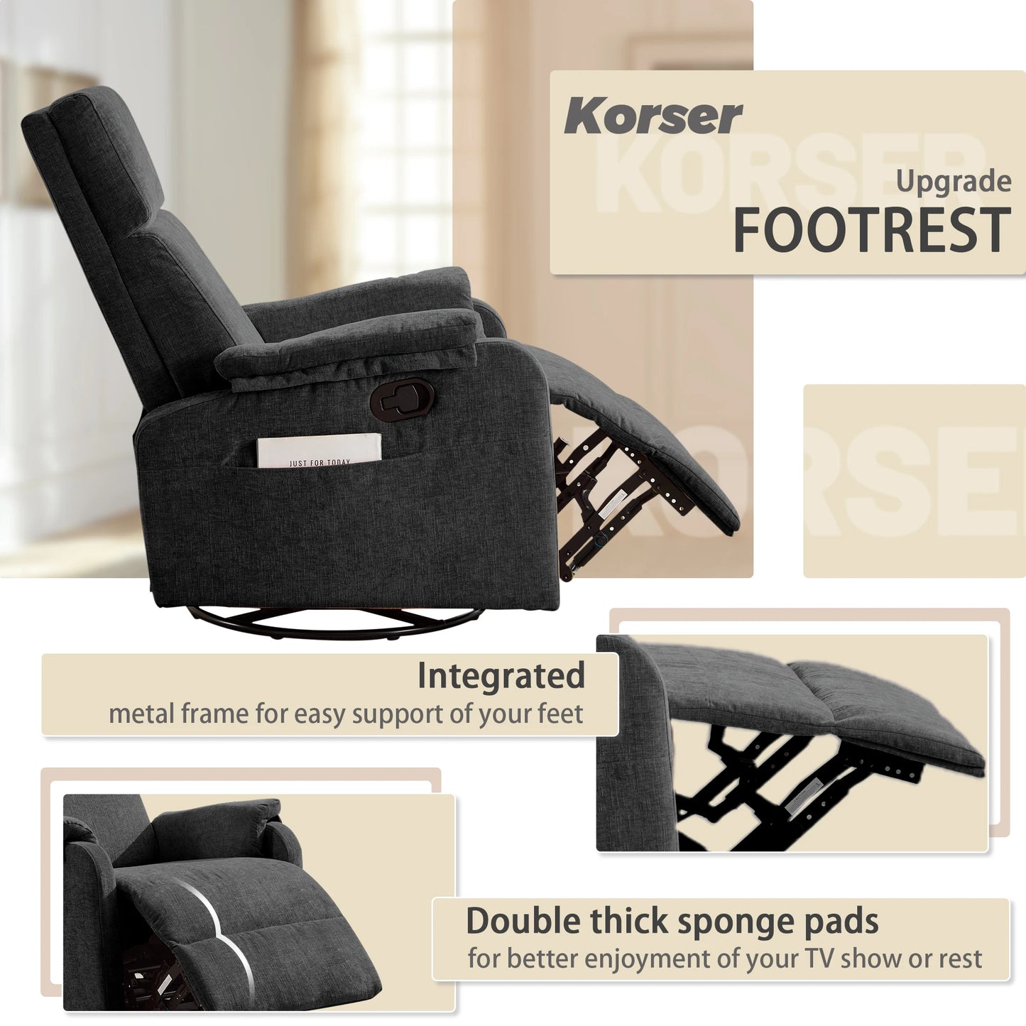 Korser Adult Ergonomic Manual Rocking Recliner Chair, Modern Minimal Fabric Adjustable Armchair with USB and Type-C Charging Ports