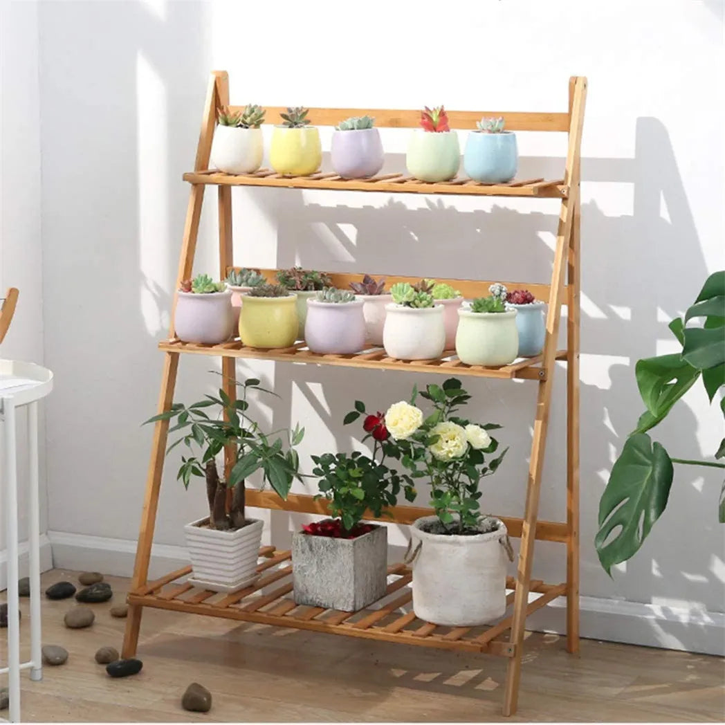 Three Tier Bamboo Plant Stand Shelf For Indoor Outdoor Display