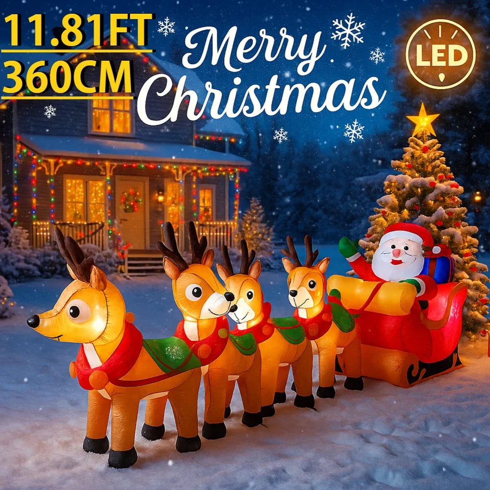 10.17FT Inflatable Santa Claus Toy Sleigh Reindeer Christmas Yard Decoration LED Lit Xmas Supplies Home Ornament Festive Gift