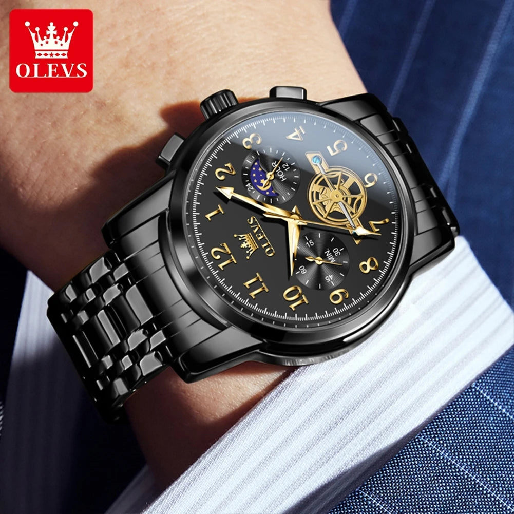 OLEVS Moon Phase Men's Watch Stainless Steel Waterproof Skeleton Chronograph