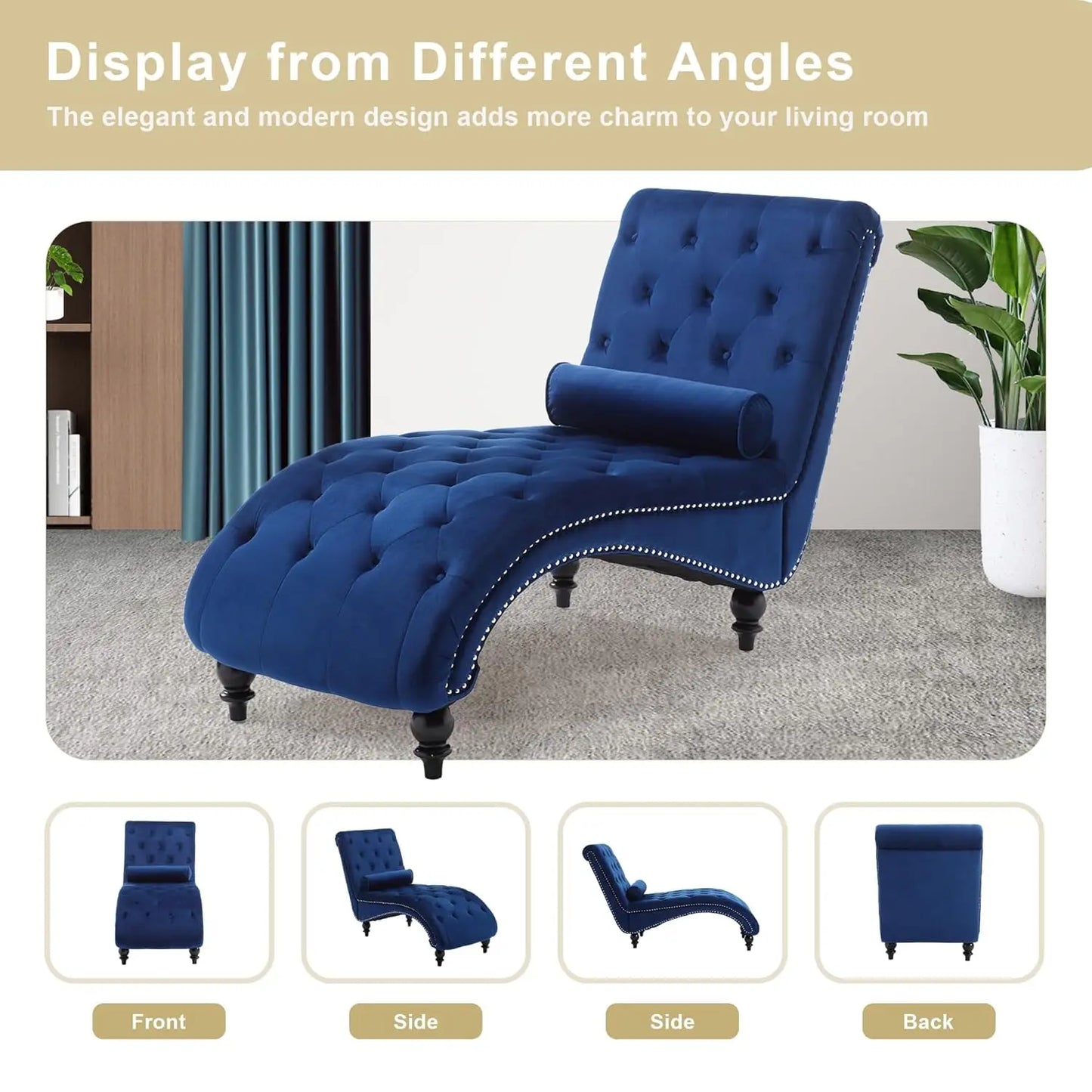 Velvet Tufted Chaise Lounge Chair With Pillow For Bedroom