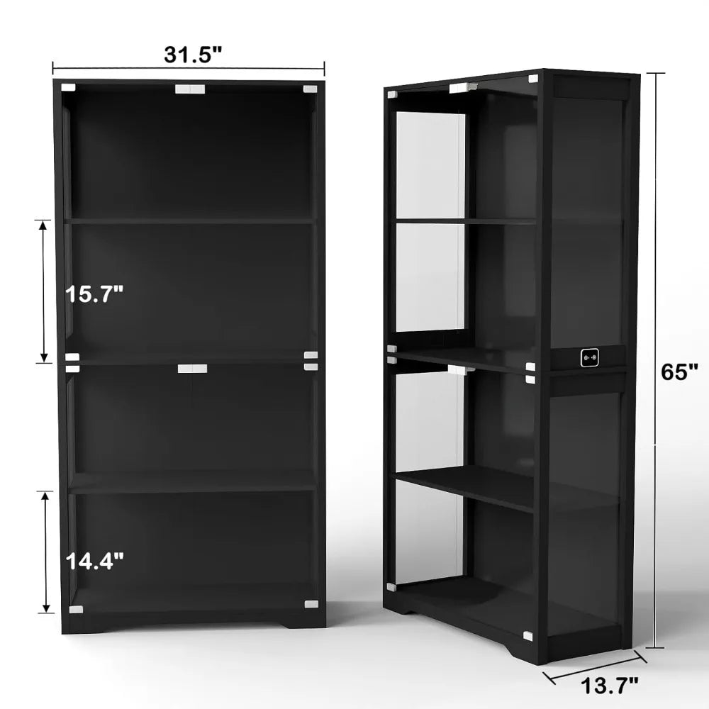 Display Cabinet with Glass Doors, Curio Cabinet with 3 LED Lights and Human Body Sensor, Bookcase with 4 Shelves, Customized