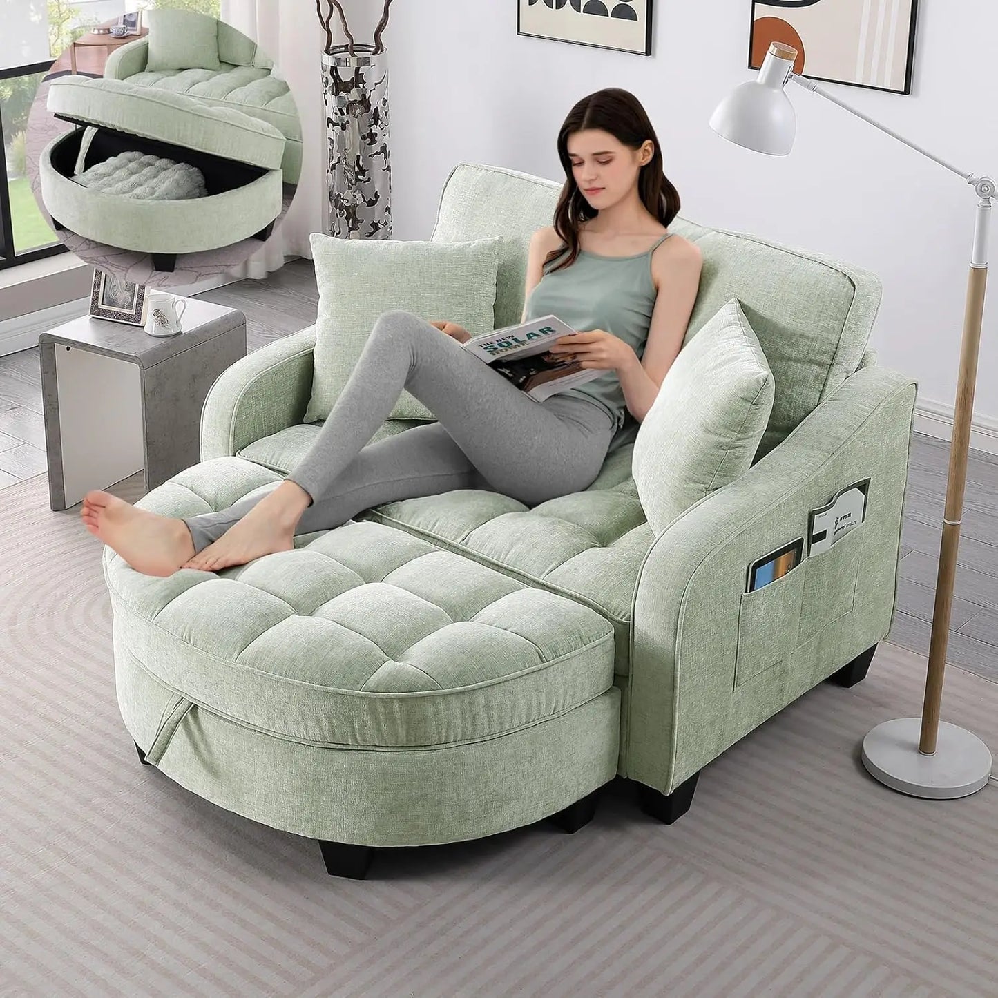 Oversized Curved Chaise Lounge Chair With Ottoman Chenille