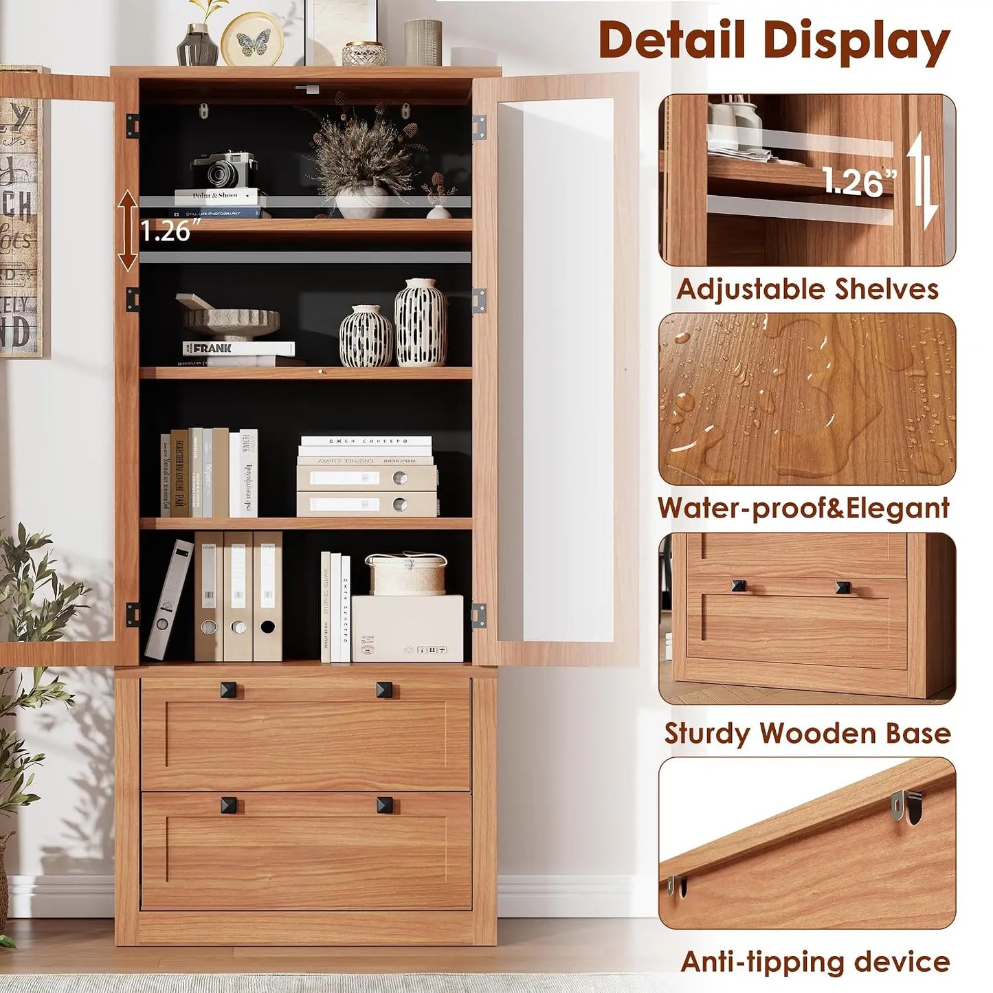 71" Tall Kitchen Pantry Cabinet - Modern Display Storage Cabinet with 2 Large Drawers, Glass Doors, and Adjustable, Customized