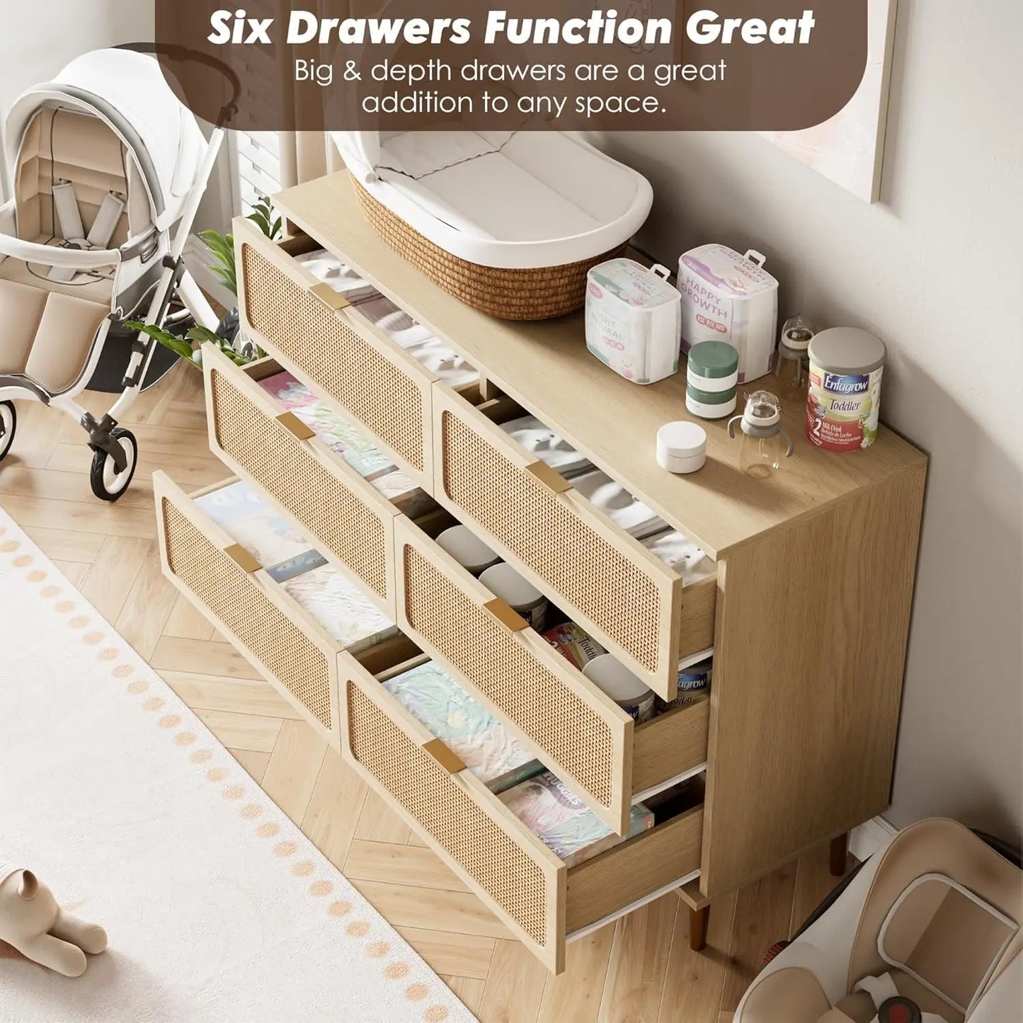 47.2in 6 Drawer Natural Rattan Dresser for Bedroom, Wooden Dresser with 15.6in Deep Storage & Wide Top, Large Modern Chest of Drawers for Living Room, Hallway and Kids Room Closet,