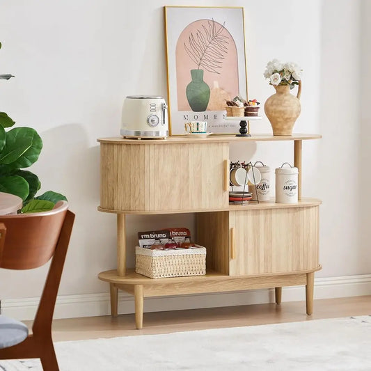 42.5'' Buet Cabinet with 2 Open Storage, Oval Sideboard Cabinet with Sliding Doern Accent Coee Bar Wood Kitchen Storage Cabior K