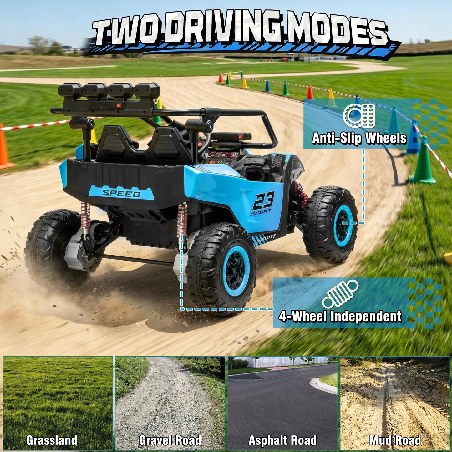 2 Seater 24V Kids Electric UTV Buggy 4WD Ride On Car with Remote Control Bluetooth LED Lights Slow Start Safety Harness Kids Off Road Electric Vehicle Toy Car Birthday Gift for Kids
