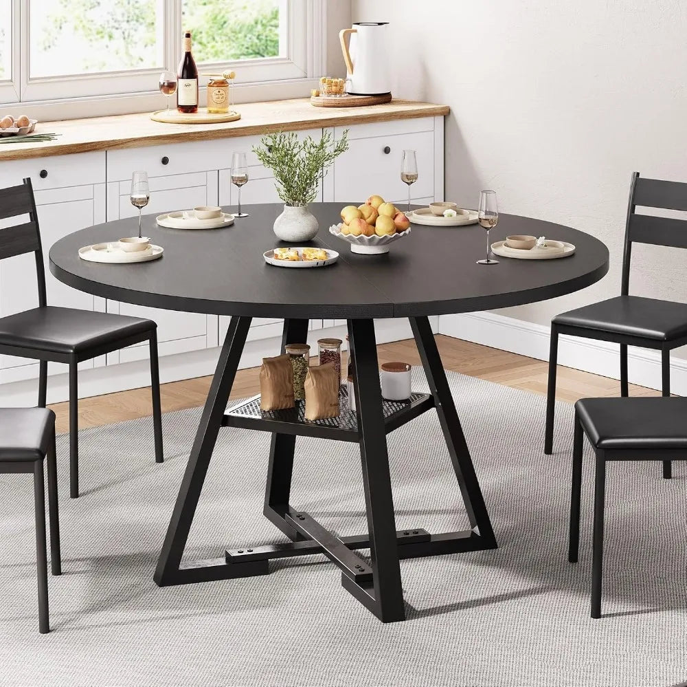 Round Dining Table for 4, 42In Pedestal Table, Space Saving Wood Kitchen Table, Black