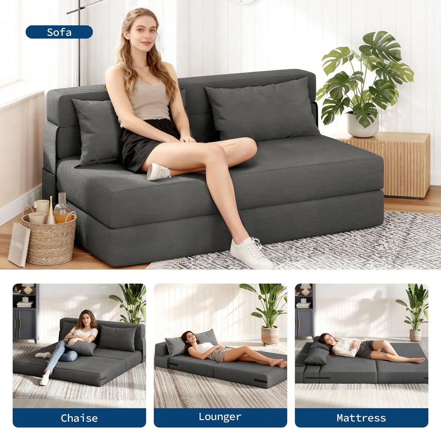 HobbyLane 4-In-1 Folding Sofa Bed With Pillow Space-Saving