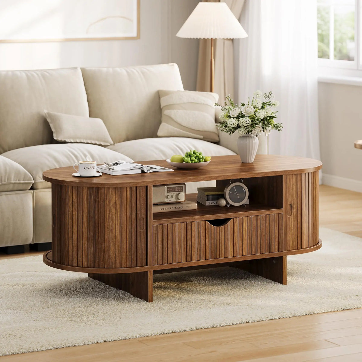 47.2in Oval Coffee Table With Storage, Modern Fluted Wood Center Table With Drawer & Sliding Door Cabinets For Living Room, Small Space