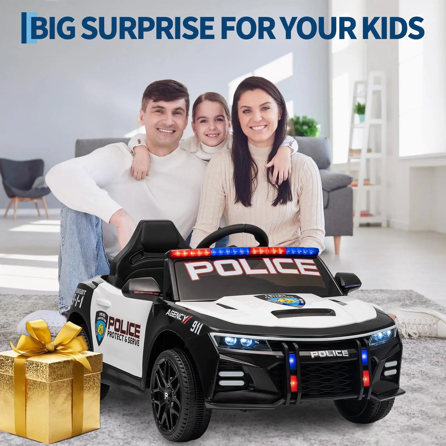 12V Kids Ride On Patrol Car With Parent Remote, Flashing LED Lights, Megaphone, Music, Spring Suspension, Electric Car Ages 3-8