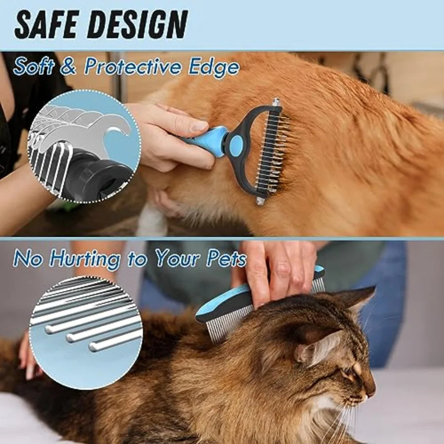 Pet Grooming Combo - Deshedding Brush with Metal Comb for Detangling and Dematting Long, Matted Fur on Cats and Dogs