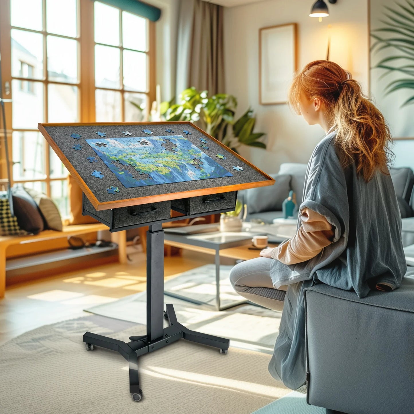 Jigsaw Puzzle Table With Adjustable Tilt, Wheels, Drawers