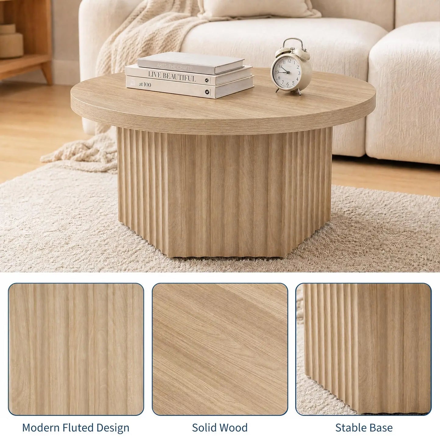 31.5 Inch Round Fluted Drum Coffee Table, Modern Wood Pedestal Table For Living Room, Apartment, Small Space, Farmhouse Boho