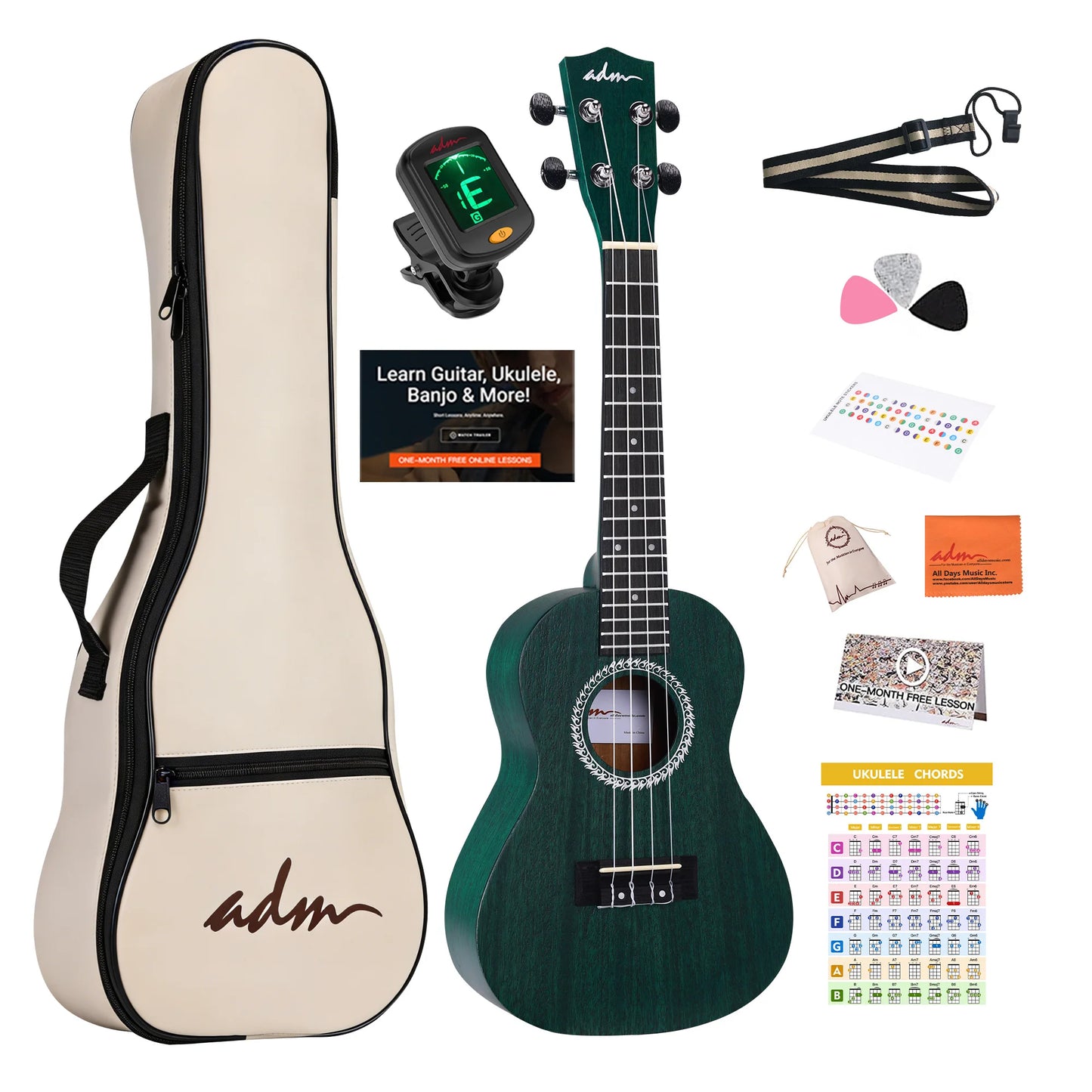 ADM 23 inch Concert Ukulele Starter Kit Mahogany Body Free Online Lessons Complete Bundle for Beginners & Pros