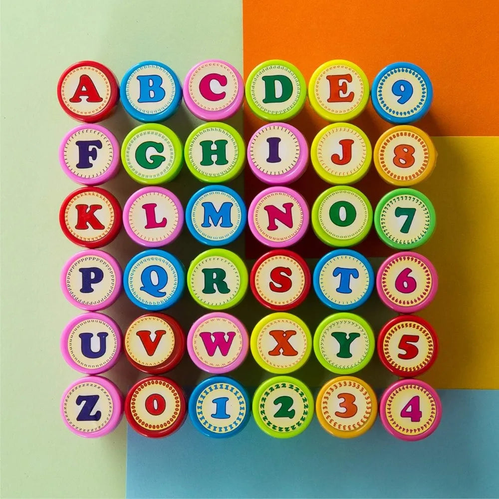 Self Ink Stamp Set for Kids, Number & Alphabet Stamps, Birthday Party Favors