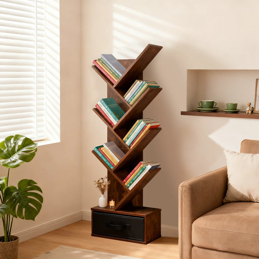 MCQ 7-Tier Tree Bookshelf with Drawer 43IN Wooden Narrow Slim Corner Bookshelf for Small Spaces Geometric Wooden Book Rack