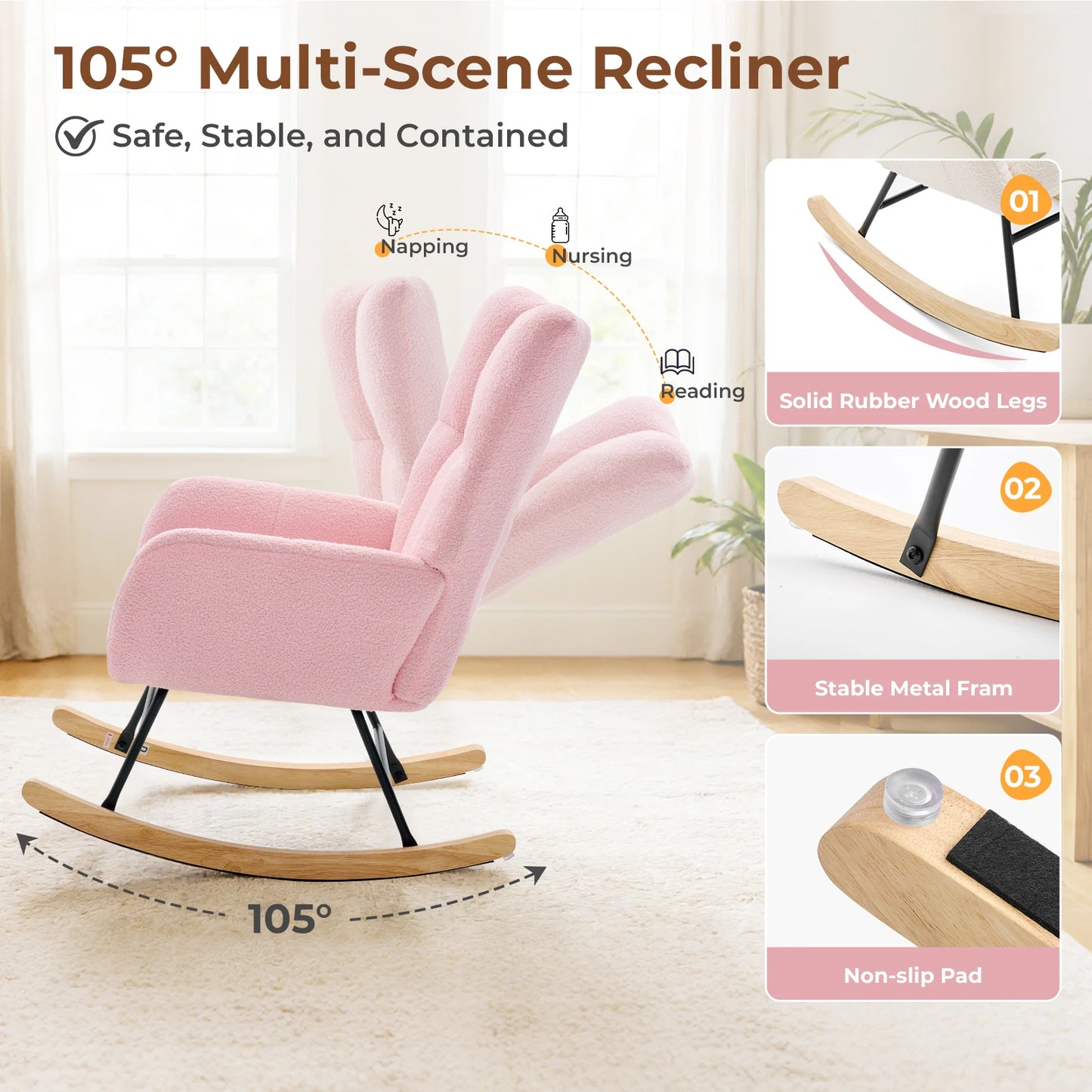 JHK Teddy Upholstered Saucer Rocking Reading Chair With High Backrest