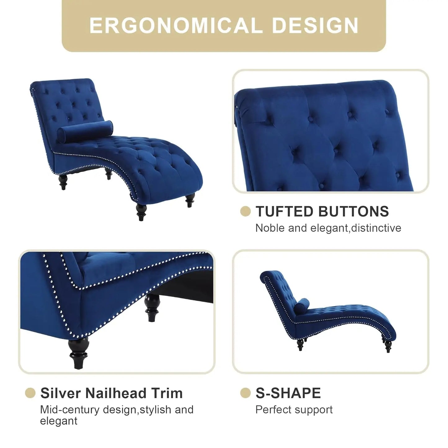 Velvet Tufted Chaise Lounge Chair With Pillow For Bedroom