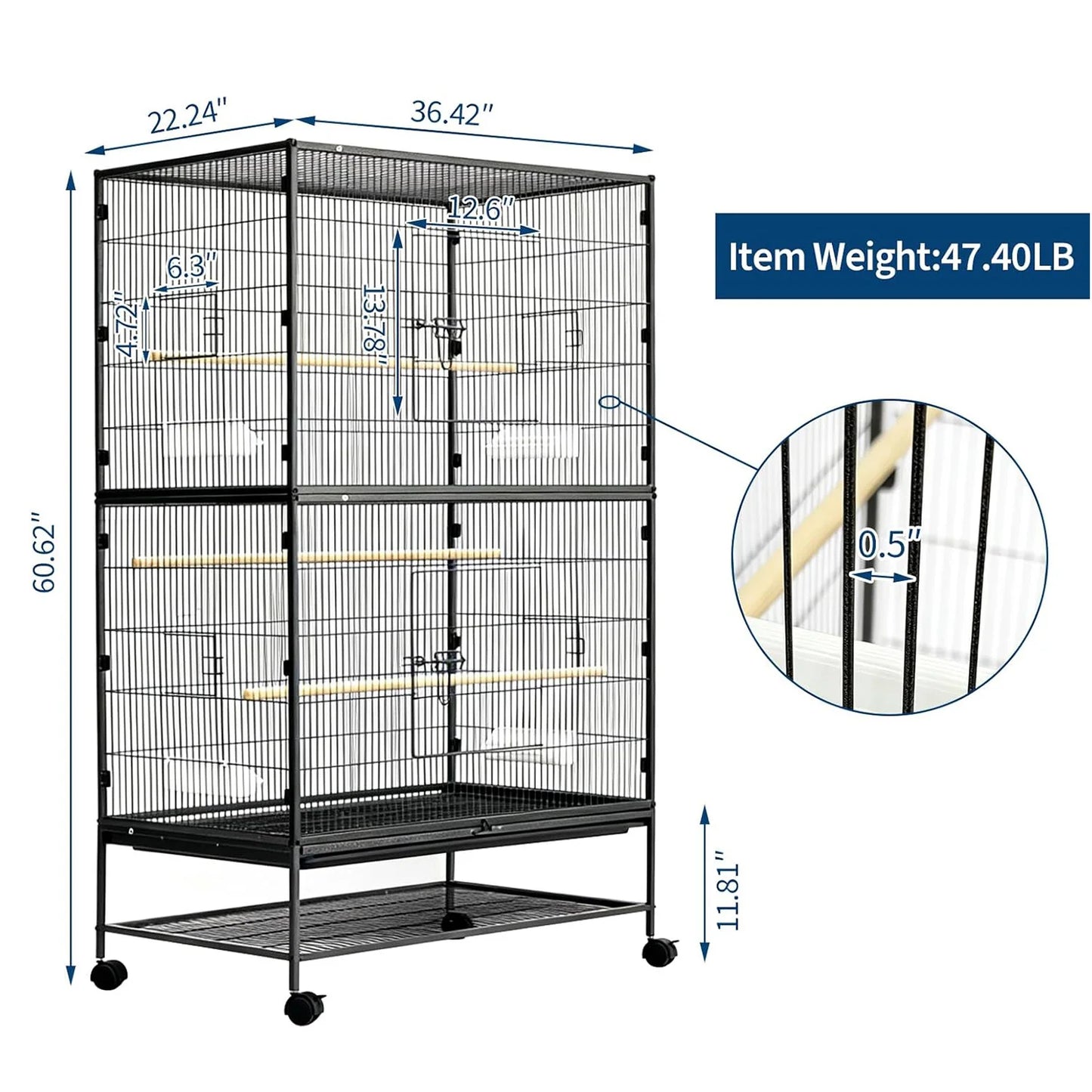 61" H Large Bird Cage with Rolling Storage Stands, Feed Bowls, Wide Tall Parakeet Cage for Parakeets, Parrot, Conures, Cockatiel