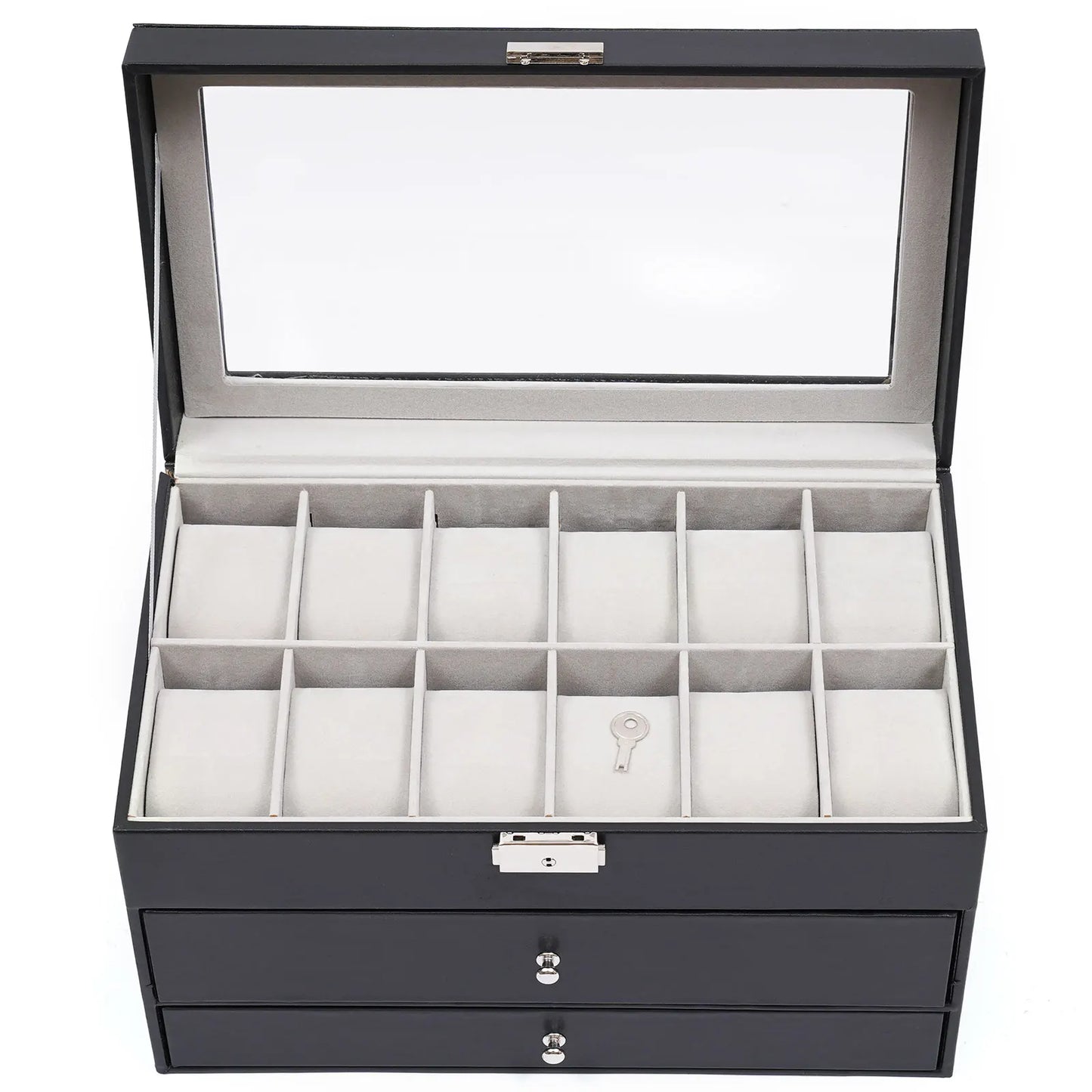 12 Compartments Watch Storage Display BoxGlasses Case, Jewelry Box Organizer Watch Showcase Soft PU