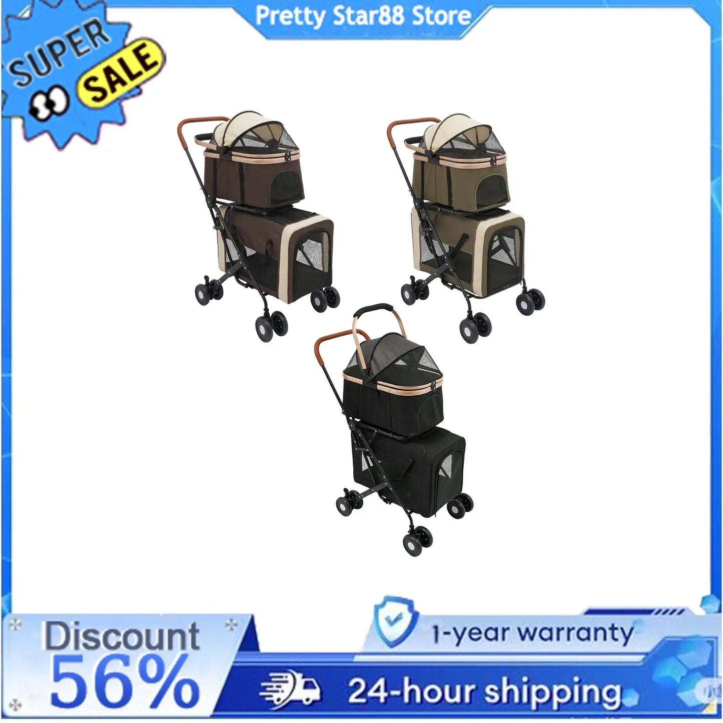 Dog and Cat Stroller Foldable Pet Stroller for Small and Medium Dogs 2 Tiers 35kg Load-Capacity for Traveling/Shopping