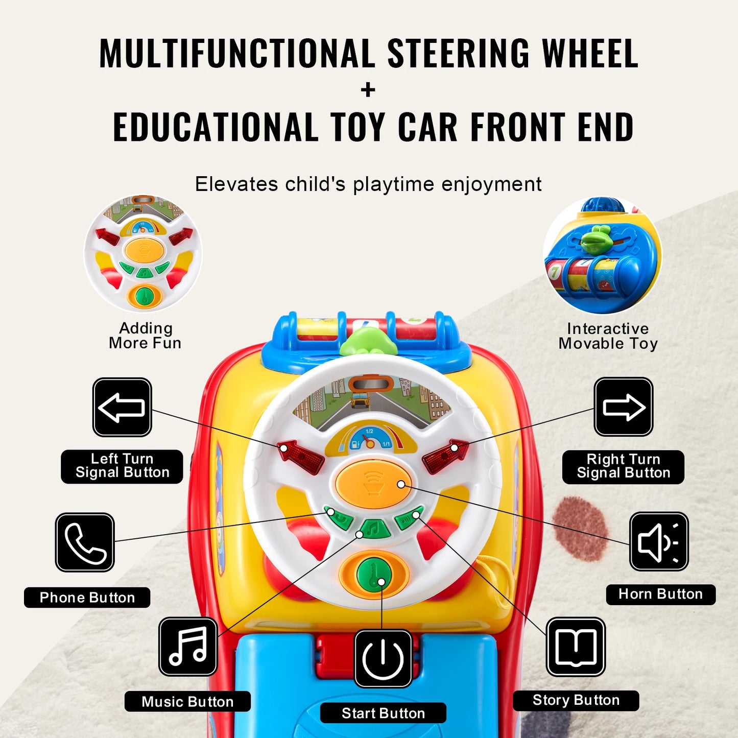 Toddler Push Ride On Car With Music Steering Wheel Storage
