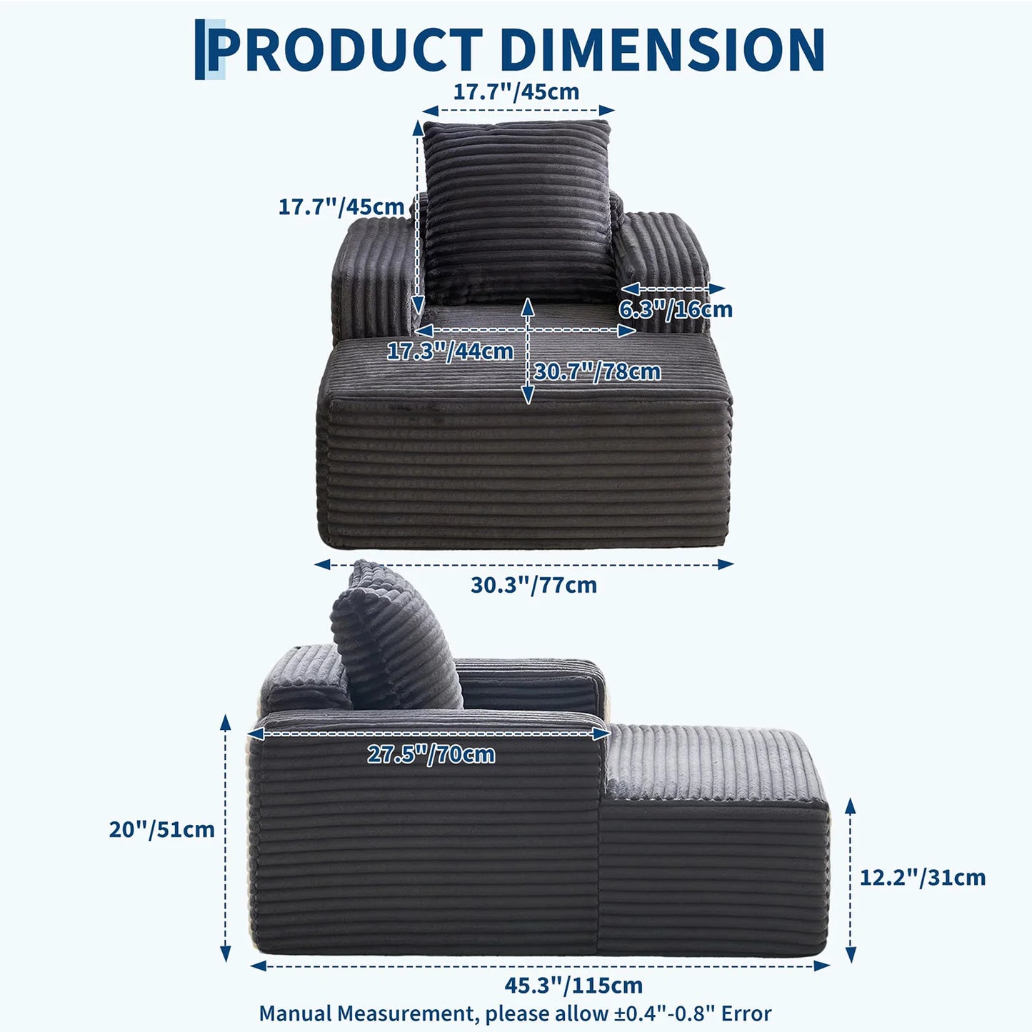 HobbyLane Cloud Chaise Lounge Sofa With Wide Armrests And Pillow