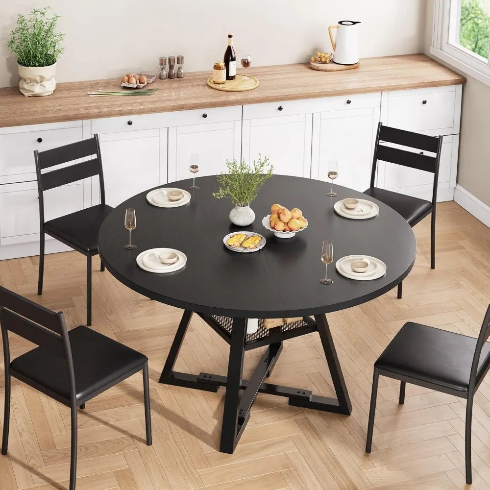 Round Dining Table for 4, 42In Pedestal Table, Space Saving Wood Kitchen Table, Black