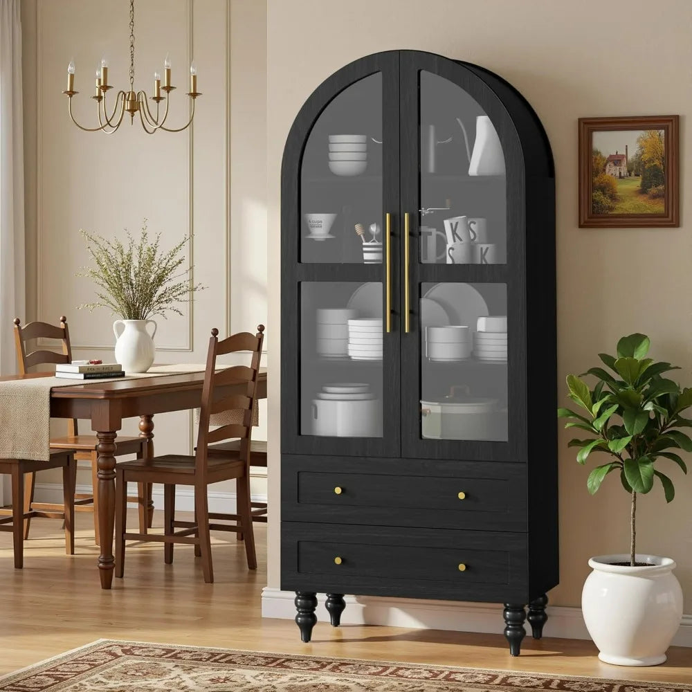 Solid Wood Pantry Cabinet With Glass Doors Tall Kitchen Storage
