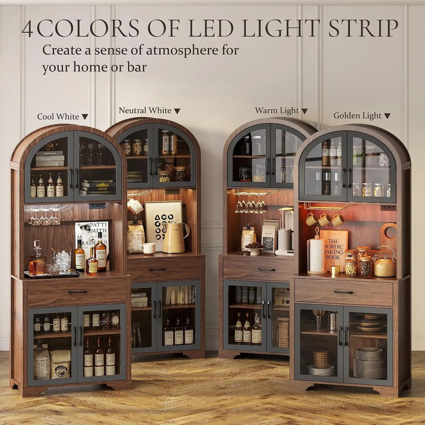 Xiuwo Arched Kitchen Pantry Cabinet With Charging Station Led Lighting