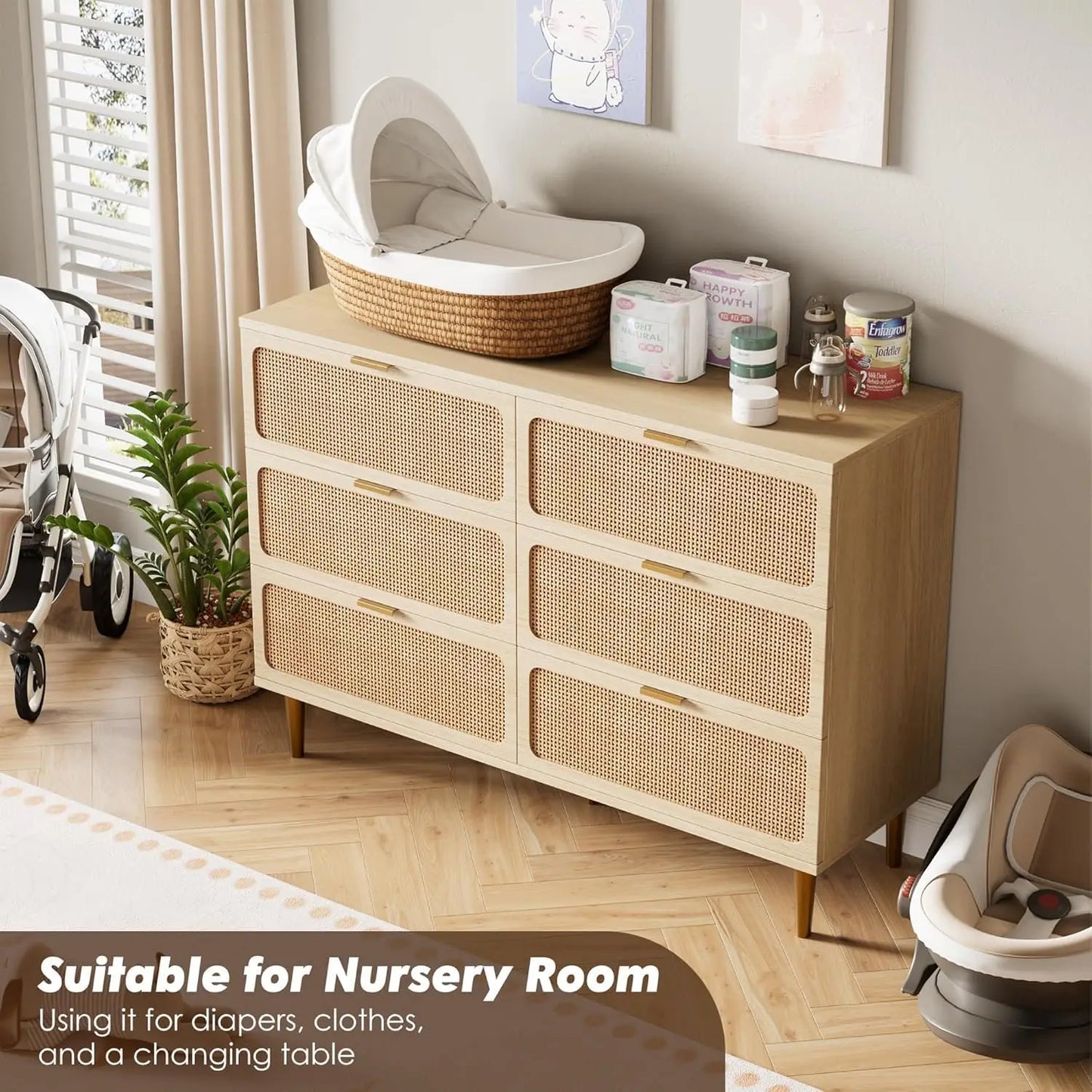 47.2in 6 Drawer Natural Rattan Dresser for Bedroom, Wooden Dresser with 15.6in Deep Storage & Wide Top, Large Modern Chest of Drawers for Living Room, Hallway and Kids Room Closet,